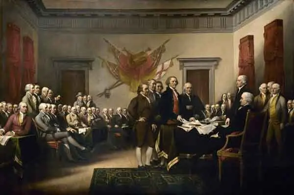 Congress discussion of the Declaration of Independence. Oil painting by John Trumbull, 1819.